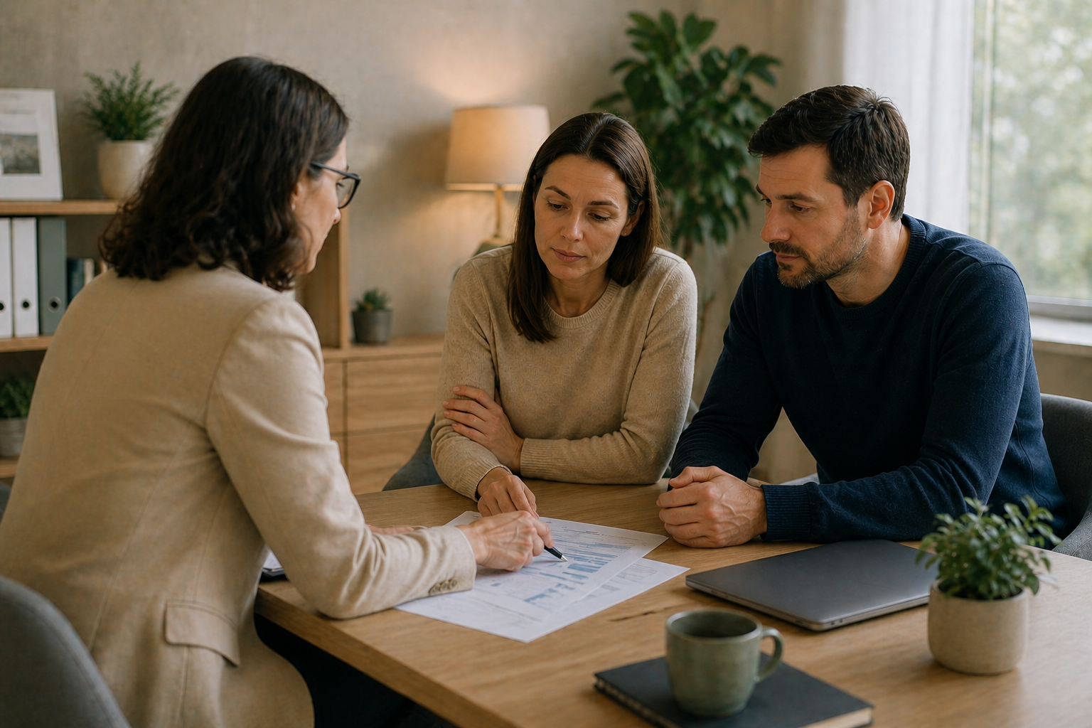 A person sitting at a desk, reviewing financial documents with a mediator. The image conveys a sense of professionalism and support, highlighting the availability of legal aid and voucher support for families navigating financial matters during family change.